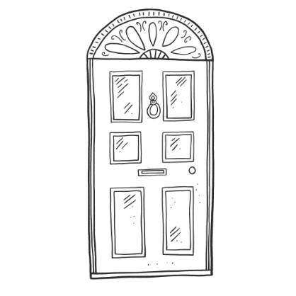 アーチ型の上部に装飾が施された手描きのクラシックなドアのイラスト